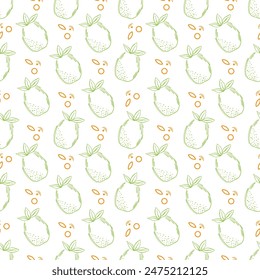 Pineapple fruit Seamless hand drawn doodle pattern. Illustration for backgrounds, card, posters, banners, textile prints, cover, web design. Eat healthy. Vector icons.