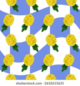 Abacaxi Fruit Sem Costura Padrão Design com abacaxi amarelo com folhas verdes em estilo de desenho animado plano, repetido em um fundo ondulado azul e branco quadriculado.