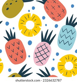 Pineapple fruit seamless pattern. Square repeat pattern, with pineapples and slices. Abstract colorful composition. Flat vector design pattern.