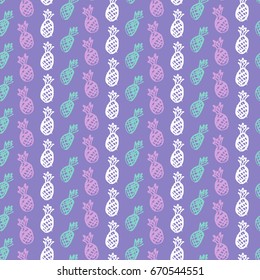 Pineapple Fruit Seamless Pattern. Vector Illustration of Hand Drawn Brush Paint Summer Background.
