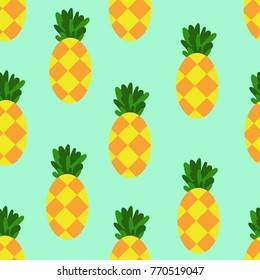 Pineapple fruit seamless repeating background, designed in a flat artwork style with checkerboard pattern on the pineapple. Teal background color
