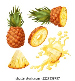 pineapple fruit set cartoon. slice fresh, cut food, tropical leaf, yellow ripe, sweet ananas, green piece, half whole, juicy pineapple fruit vector illustration