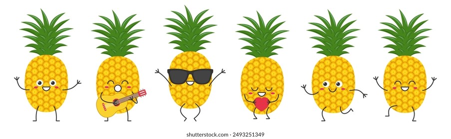 Pineapple fruit set character cartoon greeting jumping loves sings running cute funny smiling face happy joy emotions icon vector illustration.