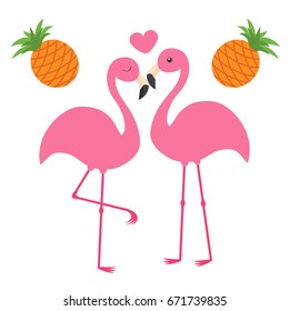 Pineapple fruit set. Pink flamingo couple and heart. Love family. Exotic tropical bird. Zoo animal kids collection. Cute cartoon character. Greeting card. Flat design. White background Isolated Vector