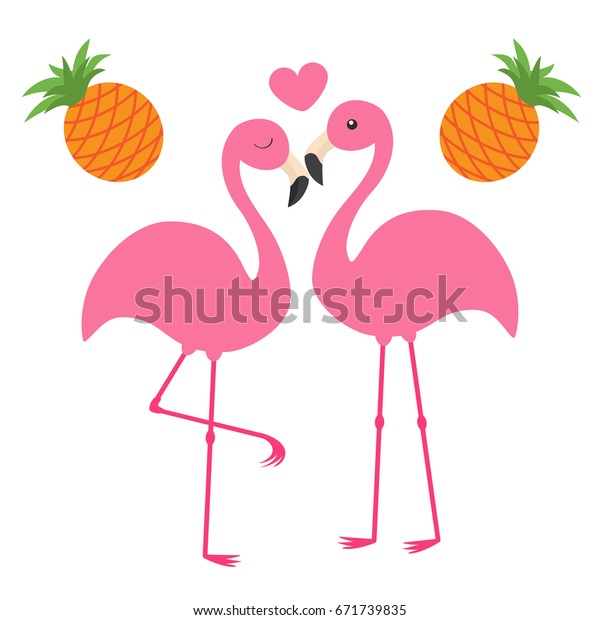パイナップルフルーツセット ピンクのフラミンゴの夫婦と心 恋の家族 エキゾチックな熱帯の鳥 動物園の動物の子供のコレクション かわいい 漫画のキャラクター グリーティングカード フラットデザイン 白い背景にベクター画像 のベクター画像素材 ロイヤリティ