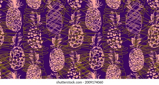 Pineapple fruit sketch in funny doodle freehand style on purple background seamless pattern. Tropical citrus collection. Perfect for baby wallpaper, bedding, wrapping paper, menu, home textile.