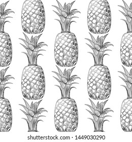 Pineapple fruit sketch seamless pattern. Exotic tropical fruit backdrop. Engraving style wallpaper. Hand drawn vector illustration isolated on white background.