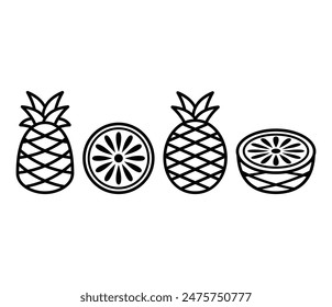 pineapple fruit slice icons symbol vector design simple line flat black white color illustration collections sets