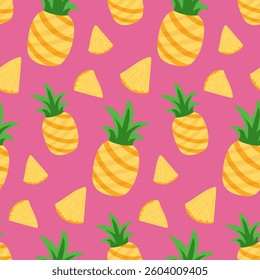 Pineapple fruit, slice, seamless pattern, summer background. Vector flat style illustrations, pink background