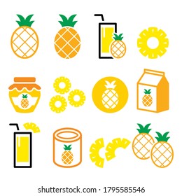 Frutos de piña, rodajas de piña, jugo e íconos vectores - diseño de alimentos y bebidas saludables. Concepto de alimentación saludable - colección de diseño de piña