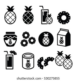 Pineapple Fruit, Pineapple Slices, Juice Vector Icons Set 