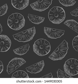 Pineapple fruit slices sketch seamless pattern. Exotic tropical fruit backdrop. Engraving style wallpaper. Hand drawn vector illustration on black background.