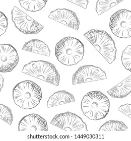 Pineapple fruit slices sketch seamless pattern. Exotic tropical fruit backdrop. Engraving style wallpaper. Hand drawn vector illustration isolated on white background.