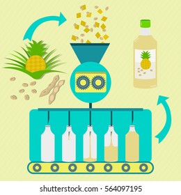 Pineapple fruit and soy juice series production. Fresh pineapples fruit and soybean pod with soy being processed. Bottled pineapple and soy juice.