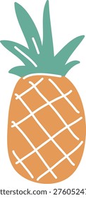 Pineapple fruit stands upright with spiky crown and hand-drawn crosshatch texture in a bold cartoon style. Symbol of tropical freshness, summer vibe, vacatio. Cartoon vector illustration.