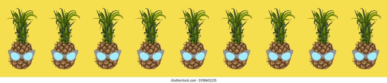 Pineapple fruit in a sunglasses - on an illuminating yellow background. . Ultimate grey colored glasses. Summer concept - stylish vacation, juicy exotic and tropical fruit. Bright stock vector