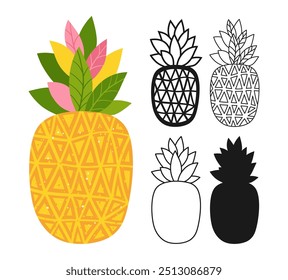 Pineapple fruit symbol cartoon set. Juicy whole pineapple linear doodle icon. Abstract tropical flat hand drawn fruit. Sign stylized simple cute linear art. Vector clipart graphic trendy illustration