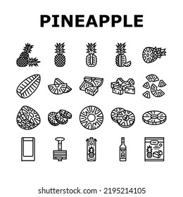 pineapple fruit tropical food icons set vector. summer slice, ananas fresh, sweet yellow cut, leaf graphic juicy, green half dessert pineapple fruit tropical food black contour illustrations