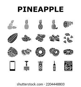 pineapple fruit tropical food icons set vector. summer slice, ananas fresh, sweet yellow cut, leaf graphic juicy, green half dessert pineapple fruit tropical food glyph pictogram Illustrations