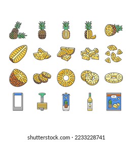 pineapple fruit tropical food icons set vector. summer slice, ananas fresh, sweet yellow cut, leaf graphic juicy, green half dessert pineapple fruit tropical food color line illustrations