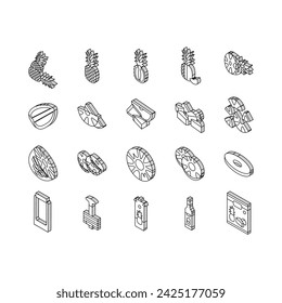 conjunto de iconos isométricos de la comida tropical de la fruta de la piña. rebanada de verano, ananas frescas, corte amarillo dulce, hoja gráfica jugosa, medio postre verde línea de color de la comida tropical de la fruta de la piña
