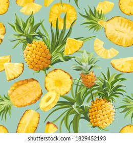 Pineapple Fruit Tropical Pattern, Tropic Seamless Texture, Colorful Vector Fruits Background, Jungle, Hawaii Cover Design Elements, Watercolor Style Textile, Backdrop, Wallpaper, Fabric
