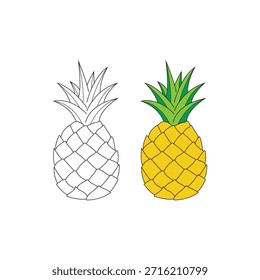 Una Ilustración vectorial de fruta de piña con cuerpo amarillo brillante, hojas puntiagudas verdes y líneas limpias y mínimas. Estilo alegre y fresco, perfecto para diseños de alimentos, gráficos para niños, tarjetas de felicitación, empaques, App, Sitios web y obras de arte digitales.