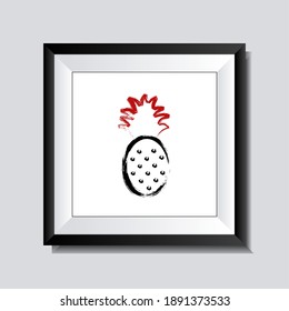 Pineapple fruit wall art framed print with a Japanese brush stroke style in black and red.