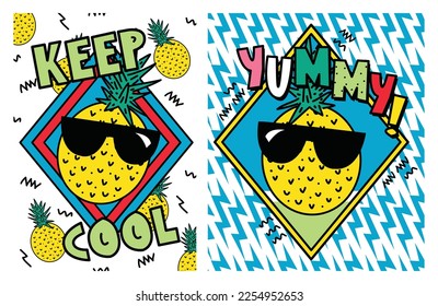 Pineapple fruits badge illustration with yummy, fresh and cheeky quote comic style design