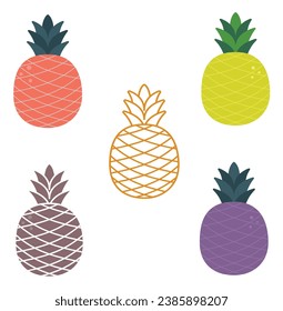 pineapple fruits cartoon style vector illustration. Flat graphic colorful icon set collection.