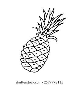 Pineapple Fruits. Hand drawn Black outline in Doodle style isolated on a background. For product packaging, menu, logos.