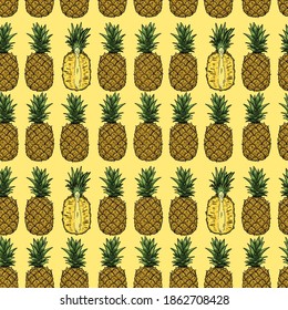 Pineapple fruits seamless pattern. Whole and half of the fruit on a yellow background. Doodle style.