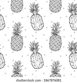 Pineapple fruits seamless pattern. Whole and half of the fruit on a white background. Doodle black outline style.