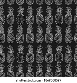 Pineapple fruits seamless pattern. Whole and half of the fruit on a black background. Doodle white chalk outline style.