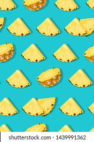 Pineapple fruits slice seamless pattern on green blue background. Summer background. Ananas fruits vector illustration.