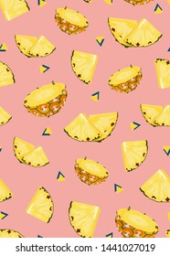 Pineapple fruits slice seamless pattern on pink background. Summer background. Ananas fruits vector illustration.