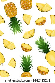 Pineapple fruits and slice seamless pattern on white background. Summer background. Ananas fruits vector illustration.