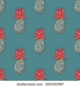 Pineapple funky seamless pattern. Cartoon style pattern design.