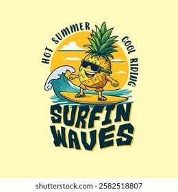 Pineapple funny Surfing waves Hot Summer Cool Ride beach fruit surfer vector illustration