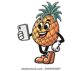 Pineapple with gadget cartoon mascot illustration character vector clip art hand drawn