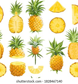 Ananas Geometrisches, nahtloses Muster, Vektorfashion-Hintergrund, exotische Fruchttextur, tropisches Dschungelhintergrund, bunter Hintergrund, hawaiianisches Cover-Design, Aquarell