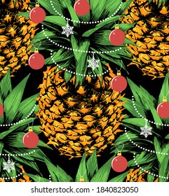Pineapple and gerland and Christmas balls   snow  Christmas tropical seamless pattern  Vector illustration