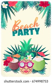 Pineapple girl with sunglasses and lips, coconut cocktails with frangipani, hibiscus flowers, palm leaves. Retro vector illustration. Place for your text. Invitation, banner, card, poster, flyer