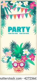 Ananas-Mädchen mit Sonnenbrille, Lippen, Palmenblätter, Frangipani (Plumeria)-Blume, Flaggen. Tropische Strandparty. Retro, Vektorgrafik. Stelle für deinen Text. Einladung, Banner, Karte, Poster, Flyer