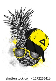 Pineapple with glasses and a cap. Exotic fruit. Vector illustration for postcard or poster, print for clothes.