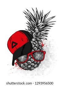 Pineapple with glasses and a cap. Exotic fruit. Vector illustration for postcard or poster, print for clothes.