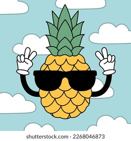Pineapple with glasses cartoon character. Groovy sticker in trendy retro style. Nostalgia for the 90s.