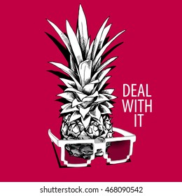 Pineapple in a glasses "Deal with it" on a red background. Vector illustration.