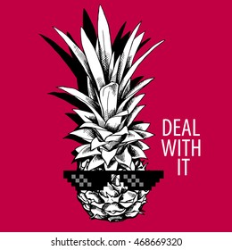 Pineapple in a glasses "Deal with it" on a red background. Vector illustration.