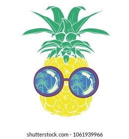 pineapple with glasses  design, exotic, background,  food, fruit, illustration nature pineapple summer tropical vector drawing fresh 